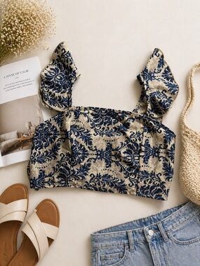 Floral Square Neck Crop Top in Navy and Cream